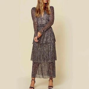 Like new INA NYC Tiered Belted Metallic Maxi Long Sleeve Dress Size Large